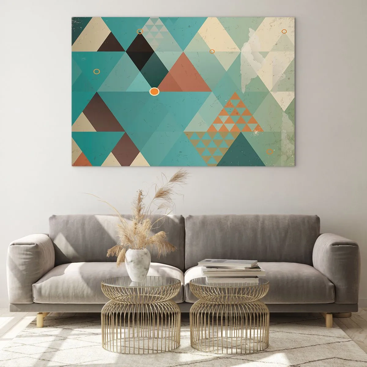 Quadro su vetro - Geometria nei toni del turchese e del marrone con triangoli - 70x50cm - Unità della molteplicità, molteplicità dell'unità - Decorazione murale moderna per soggiorno e camera da letto ARTTOR