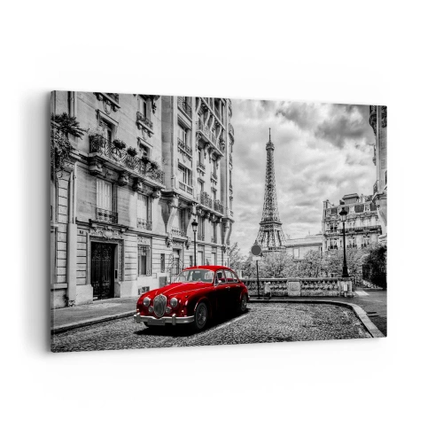 Quadro su tela - Stampe su Tela - Un'auto rossa con la Torre Eiffel sullo sfondo in un'ambientazione in bianco e nero - 120x80cm - Predatore in città - Decorazione murale moderna per soggiorno e camera da letto ARTTOR