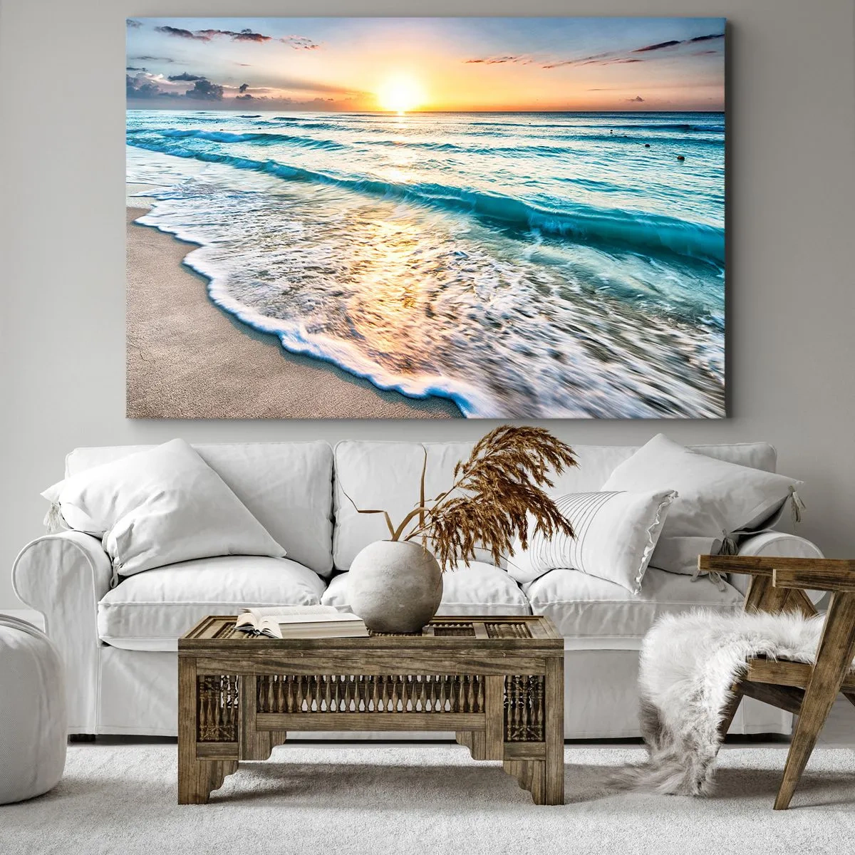 Quadro su tela - Stampe su Tela - Alba su una spiaggia tranquilla con onde - 120x80cm - Tramonto sul mare - Decorazione murale moderna per soggiorno e camera da letto ARTTOR