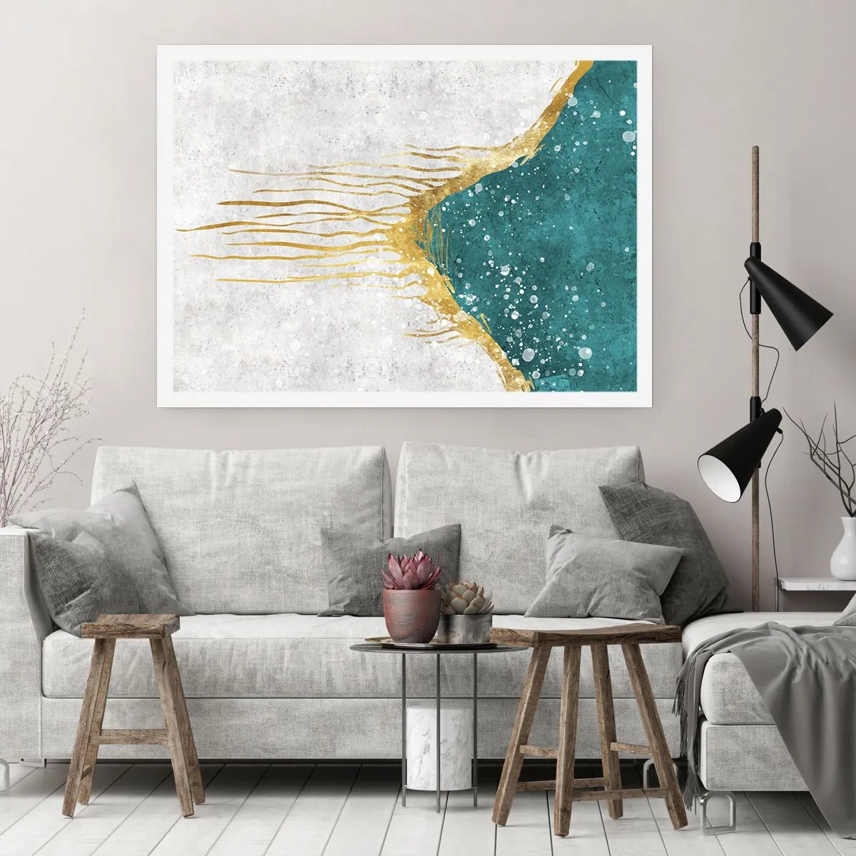 Poster - Una composizione astratta nei toni dell'oro e del turchese - 100x70cm - Flusso dorato - Decorazione murale moderna per soggiorno e camera da letto ARTTOR