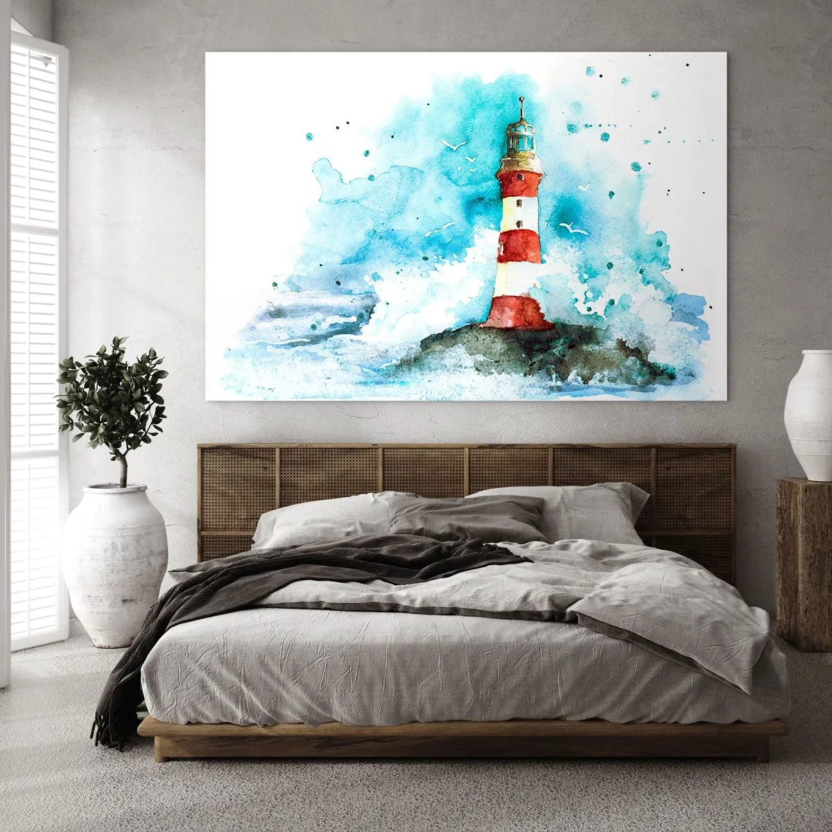 Quadro su vetro - Un faro circondato dalle onde del mare in stile acquerello - 120x80cm - L'unità dei quattro elementi - Decorazione murale moderna per soggiorno e camera da letto ARTTOR