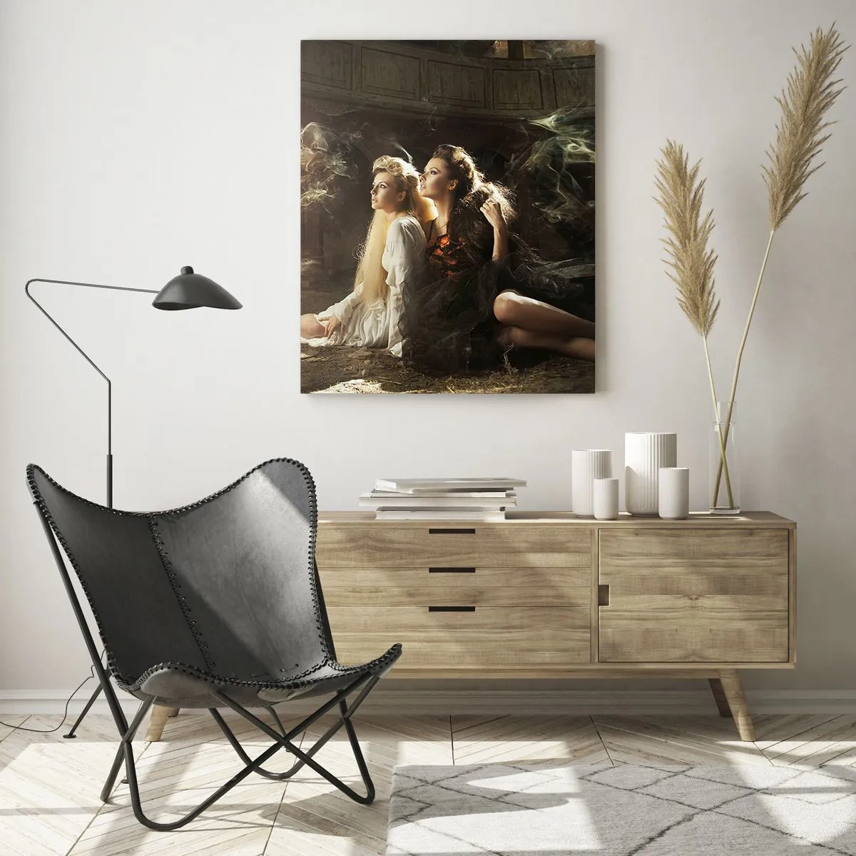 Quadro su vetro - Due donne in un ambiente magico con effetti di luce eterei. - 70x100cm - Ed è diventata poesia - Decorazione murale moderna per soggiorno e camera da letto ARTTOR