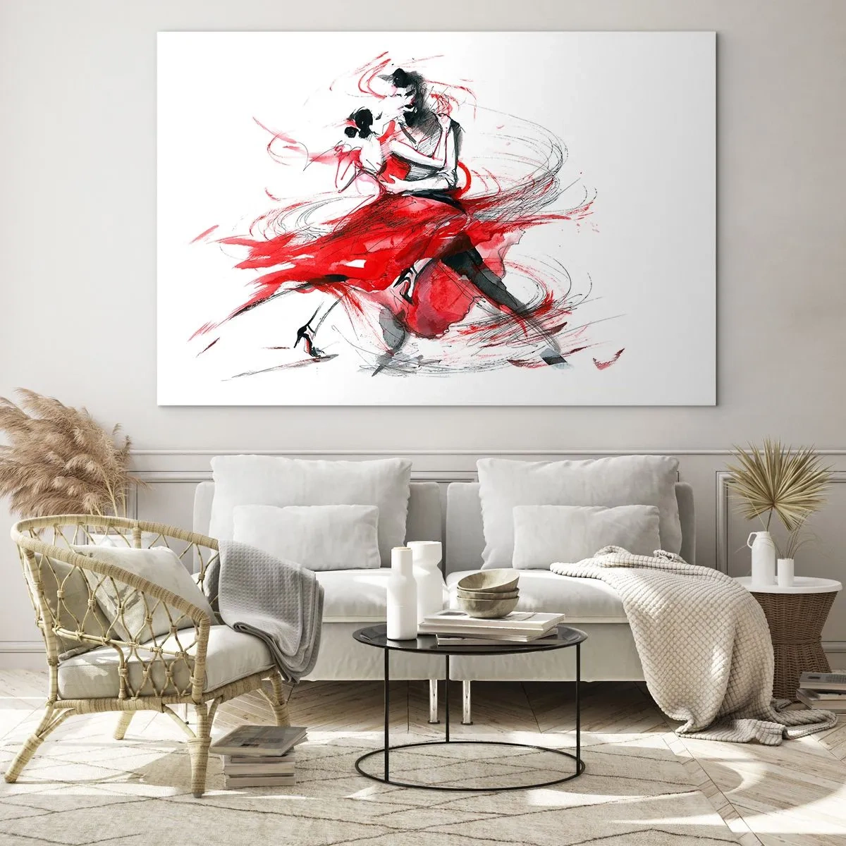 Quadro su vetro - Una coppia di ballerini in una danza dinamica ad acquerello - 120x80cm - Tango: il ritmo della passione - Decorazione murale moderna per soggiorno e camera da letto ARTTOR