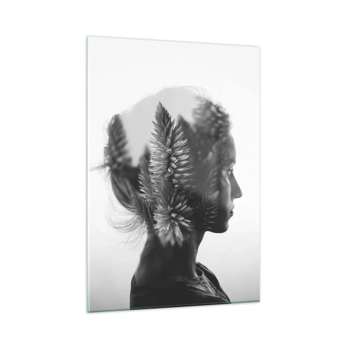 Quadro su vetro - Una donna in bianco e nero con un motivo di foresta di conifere sovrapposto - 50x70cm - La signora della pineta - Decorazione murale moderna per soggiorno e camera da letto ARTTOR