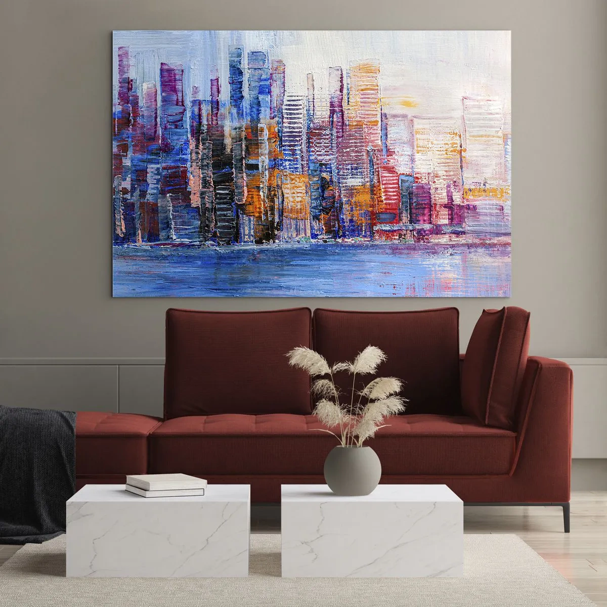 Quadro su vetro - Un panorama colorato della città dipinto con pennellate - 100x70cm - Metropoli gioiosa - Decorazione murale moderna per soggiorno e camera da letto ARTTOR