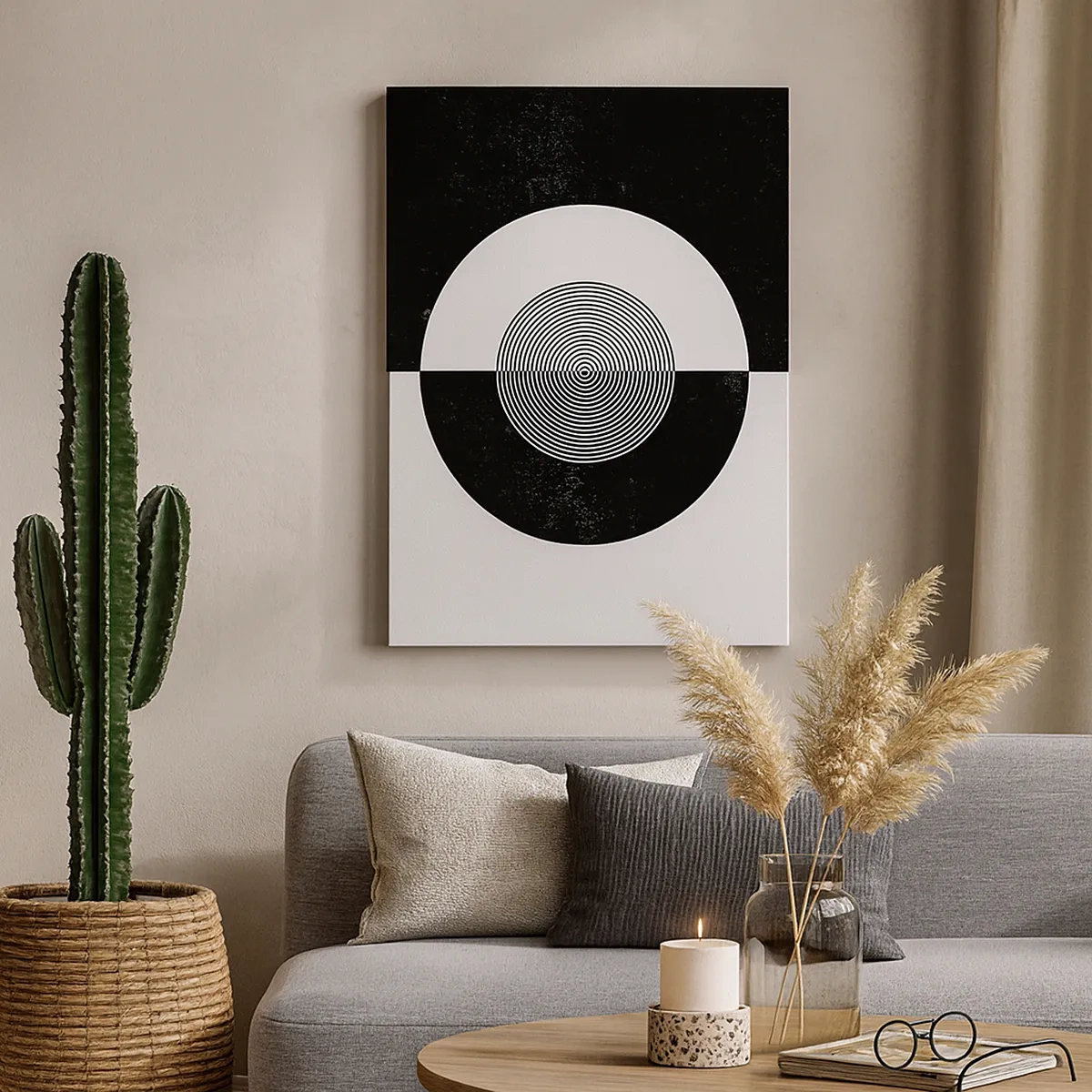 Quadro su tela - Stampe su Tela - Motivo grafico in bianco e nero a contrasto - 50x70cm - Armonia in bianco e nero - Decorazione murale moderna per soggiorno e camera da letto ARTTOR