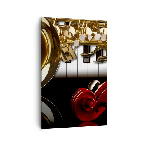 Quadro su tela - Stampe su Tela - Un sassofono dorato, tasti di pianoforte e un violino rosso - 80x120cm - Metallo, legno e avorio - Decorazione murale moderna per soggiorno e camera da letto ARTTOR
