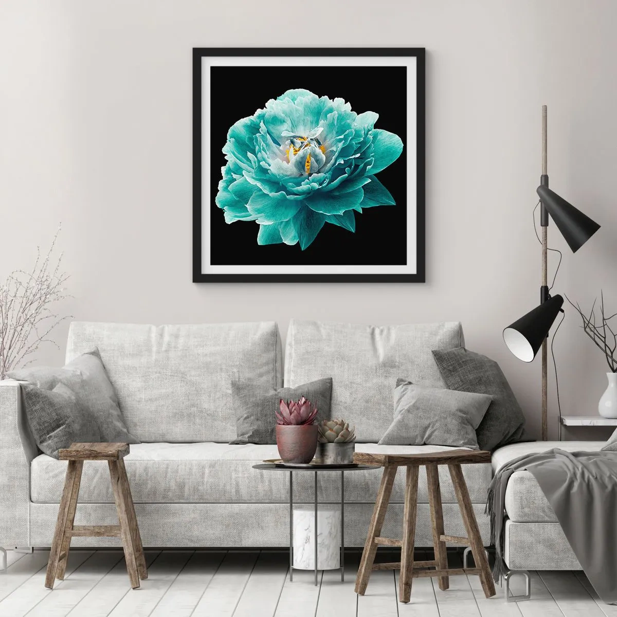 Poster in cornice nera - Petali blu e oro - 40x40 cm
