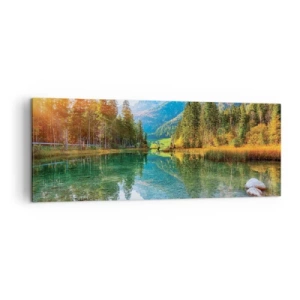Quadro su tela - Stampe su Tela - Un lago pittoresco circondato da montagne e foreste - 140x50cm - La mitezza dell'autunno - Decorazione murale moderna per soggiorno e camera da letto ARTTOR