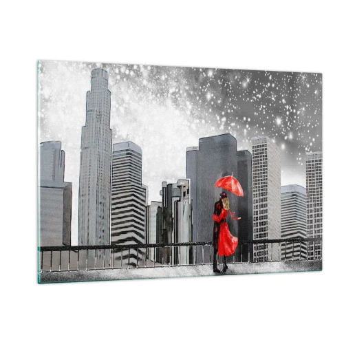 Quadro su vetro - Una coppia con un ombrello rosso in piedi di fronte a un paesaggio urbano di notte - 120x80cm - L'uomo non è di pietra - Decorazione murale moderna per soggiorno e camera da letto ARTTOR
