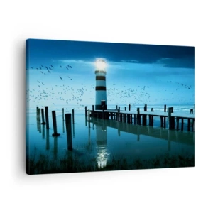 Quadro su tela - Stampe su Tela - Il faro sul molo illuminato di notte - 70x50cm - E passa la paura del buio - Decorazione murale moderna per soggiorno e camera da letto ARTTOR