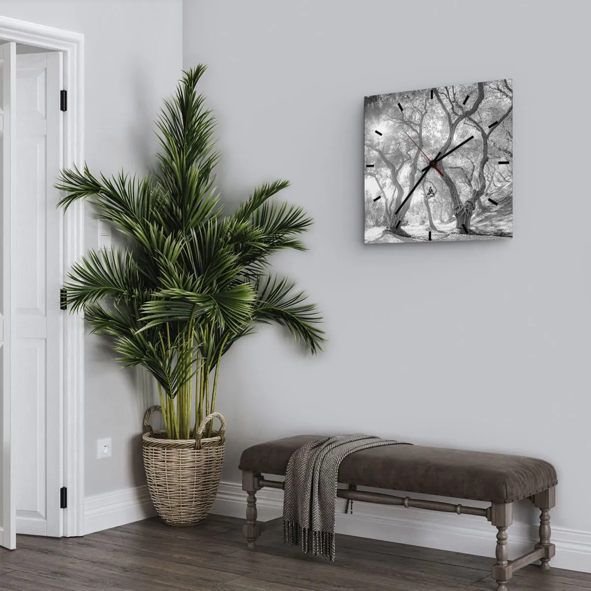 Orologio da parete - Orologio in Vetro - Vista in bianco e nero degli alberi in un uliveto con raggi di sole - 30x30cm - Nell'orto degli ulivi - Decorazione murale moderna per soggiorno e camera da letto ARTTOR