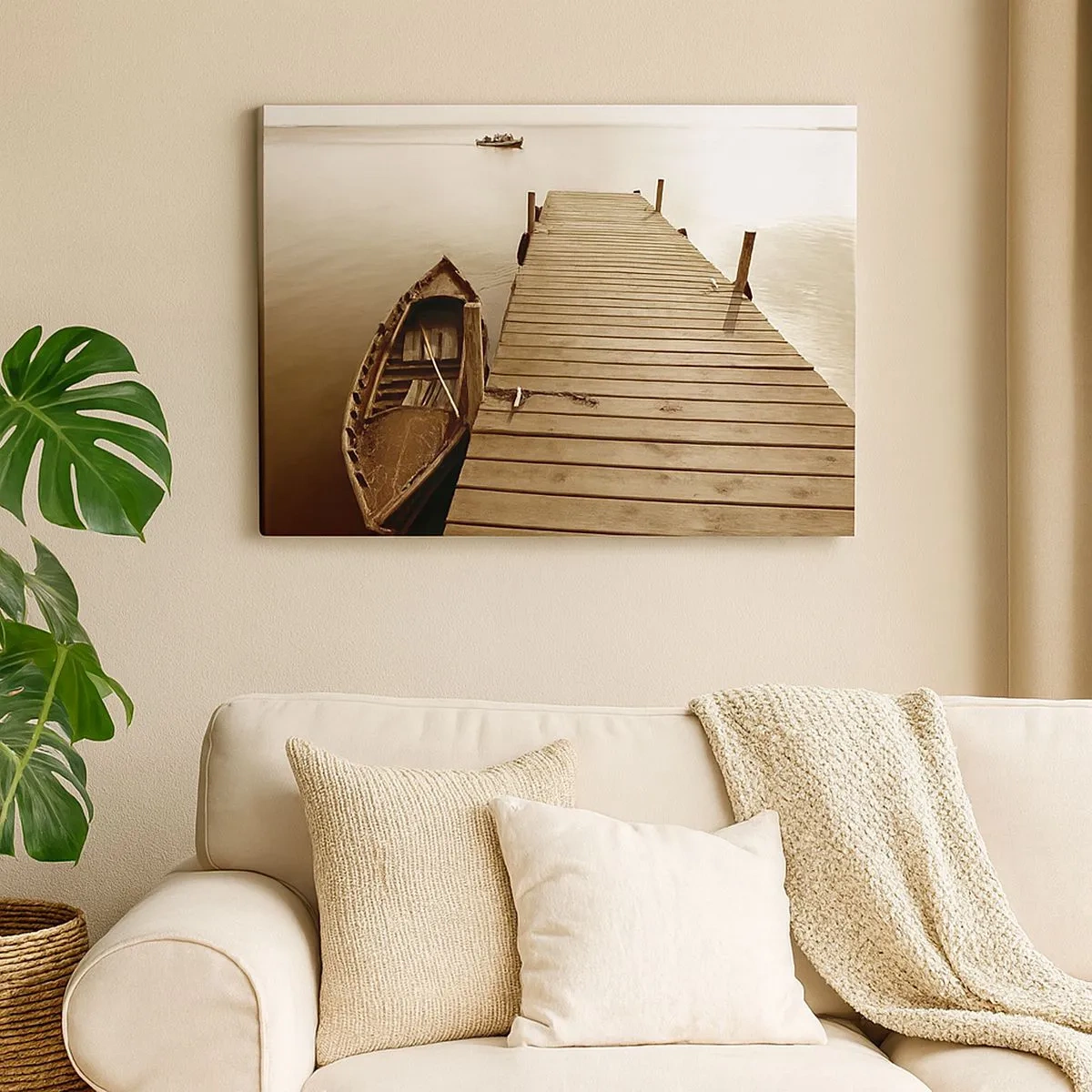 Quadro su tela - Stampe su Tela - Molo di legno e barca su un lago calmo - 70x50cm - La grande pace - Decorazione murale moderna per soggiorno e camera da letto ARTTOR