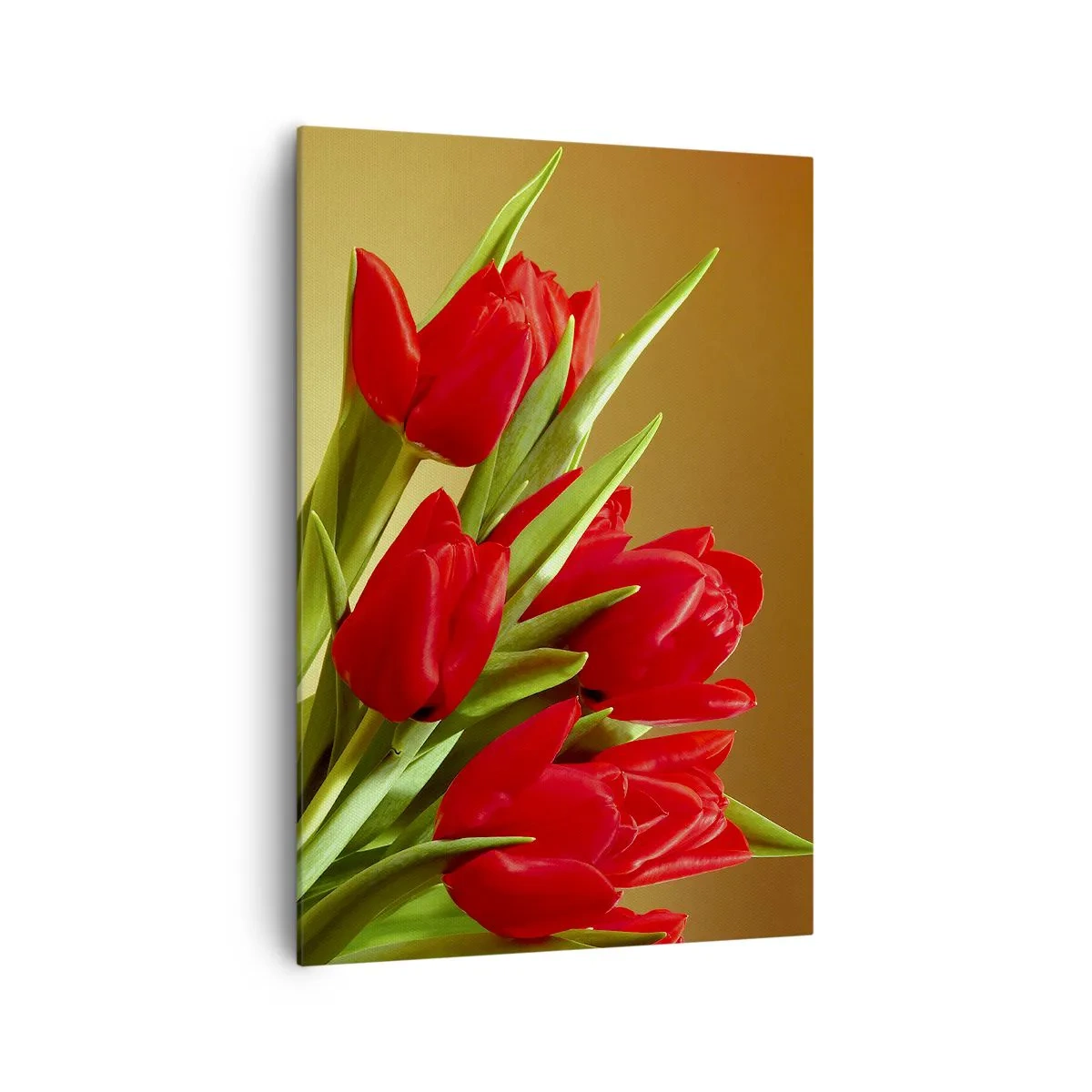 Quadro su tela - Stampe su Tela - Un bouquet di tulipani rossi su uno sfondo dorato con foglie verdi. - 70x100cm - Un mazzo di gioia primaverile - Decorazione murale moderna per soggiorno e camera da letto ARTTOR