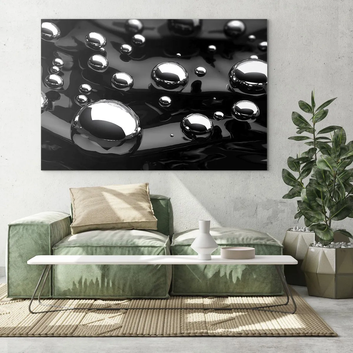 Quadro su vetro - Gocce metalliche su una superficie nera - 70x50cm - Toni di nero - Decorazione murale moderna per soggiorno e camera da letto ARTTOR
