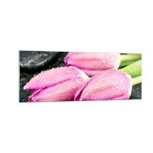 Quadro su vetro - Tre tulipani rosa con gocce d'acqua su sfondo nero - 140x50cm - Una terna lilla su pietra nera - Decorazione murale moderna per soggiorno e camera da letto ARTTOR