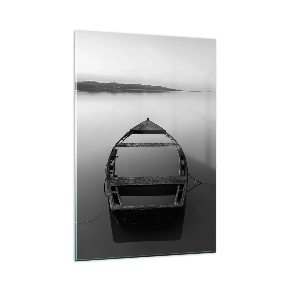 Quadro su vetro - Una barca solitaria su un lago calmo nei toni del bianco e del nero - 80x120cm - Nostalgia e malinconia - Decorazione murale moderna per soggiorno e camera da letto ARTTOR