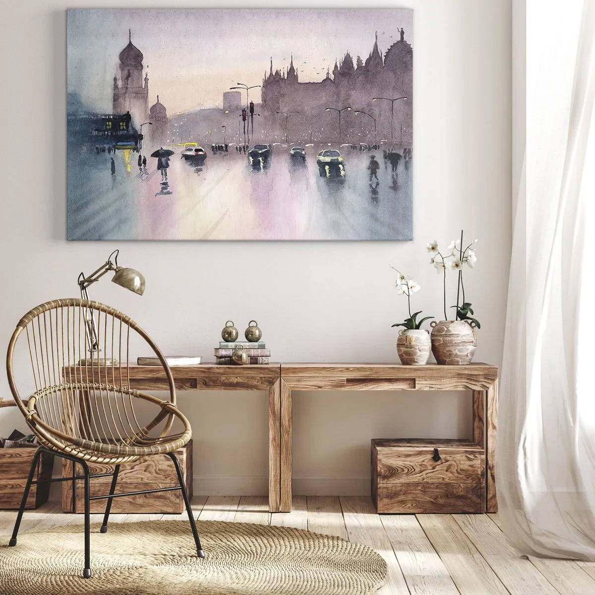 Quadro su tela - Stampe su Tela - Una strada cittadina al crepuscolo in stile acquerello - 70x50cm - Nella nebbia piovigginosa - Decorazione murale moderna per soggiorno e camera da letto ARTTOR
