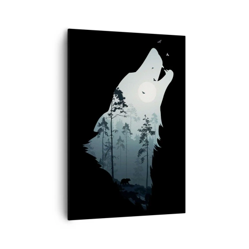 Quadro su tela - Stampe su Tela - Silhouette di un lupo con una foresta e la luna sullo sfondo - 70x100cm - Voce di una notte boschiva - Decorazione murale moderna per soggiorno e camera da letto ARTTOR