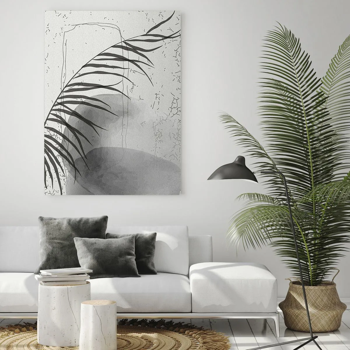Quadro su vetro - Grafica con ombra di foglie di palma in bianco e nero - 50x70cm - La delicata esoticità della natura - Decorazione murale moderna per soggiorno e camera da letto ARTTOR