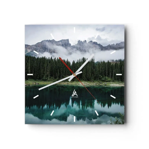 Orologio da parete - Orologio in Vetro - Un paesaggio montano con una foresta e un lago che riflette il cielo - 30x30cm - Silenzio, non svegliamo l'acqua che dorme... - Decorazione murale moderna per soggiorno e camera da letto ARTTOR