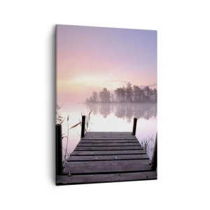 Quadro su tela - Stampe su Tela - Un molo sul lago all'alba con nebbia e un cielo pastello - 50x70cm - Nebbia color lilla - Decorazione murale moderna per soggiorno e camera da letto ARTTOR