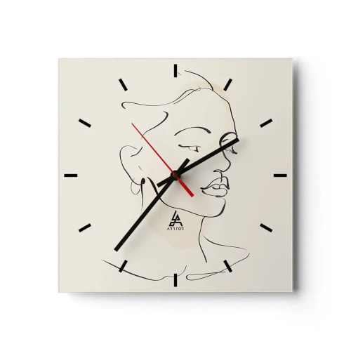 Orologio da parete - Orologio in Vetro - Uno schizzo delicato del volto di una donna su uno sfondo chiaro - 30x30cm - Linea sicura - Decorazione murale moderna per soggiorno e camera da letto ARTTOR
