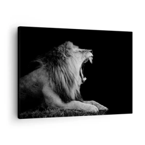 Quadro su tela - Stampe su Tela - Un leone ruggente su sfondo nero nei toni del bianco e del nero - 70x50cm - Senza alcun dubbio - Decorazione murale moderna per soggiorno e camera da letto ARTTOR