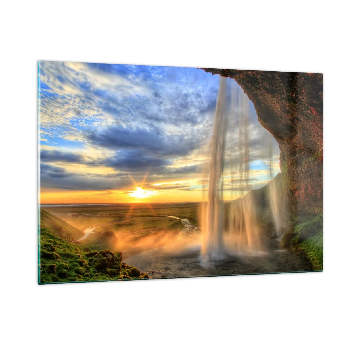 Quadro su vetro - Cascata con vista sul tramonto e sulla valle - 120x80cm - Il mondo dietro una tenda di gocce - Decorazione murale moderna per soggiorno e camera da letto ARTTOR