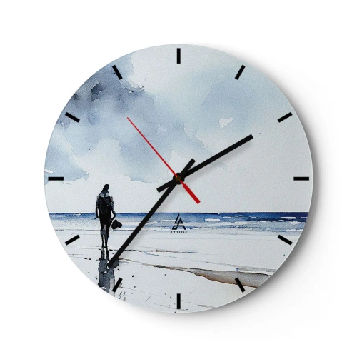 Orologio da parete - Orologio in Vetro - Una figura sulla spiaggia che guarda verso il mare - 30x30cm - Dialogo con il mare - Decorazione murale moderna per soggiorno, cucina e camera da letto ARTTOR