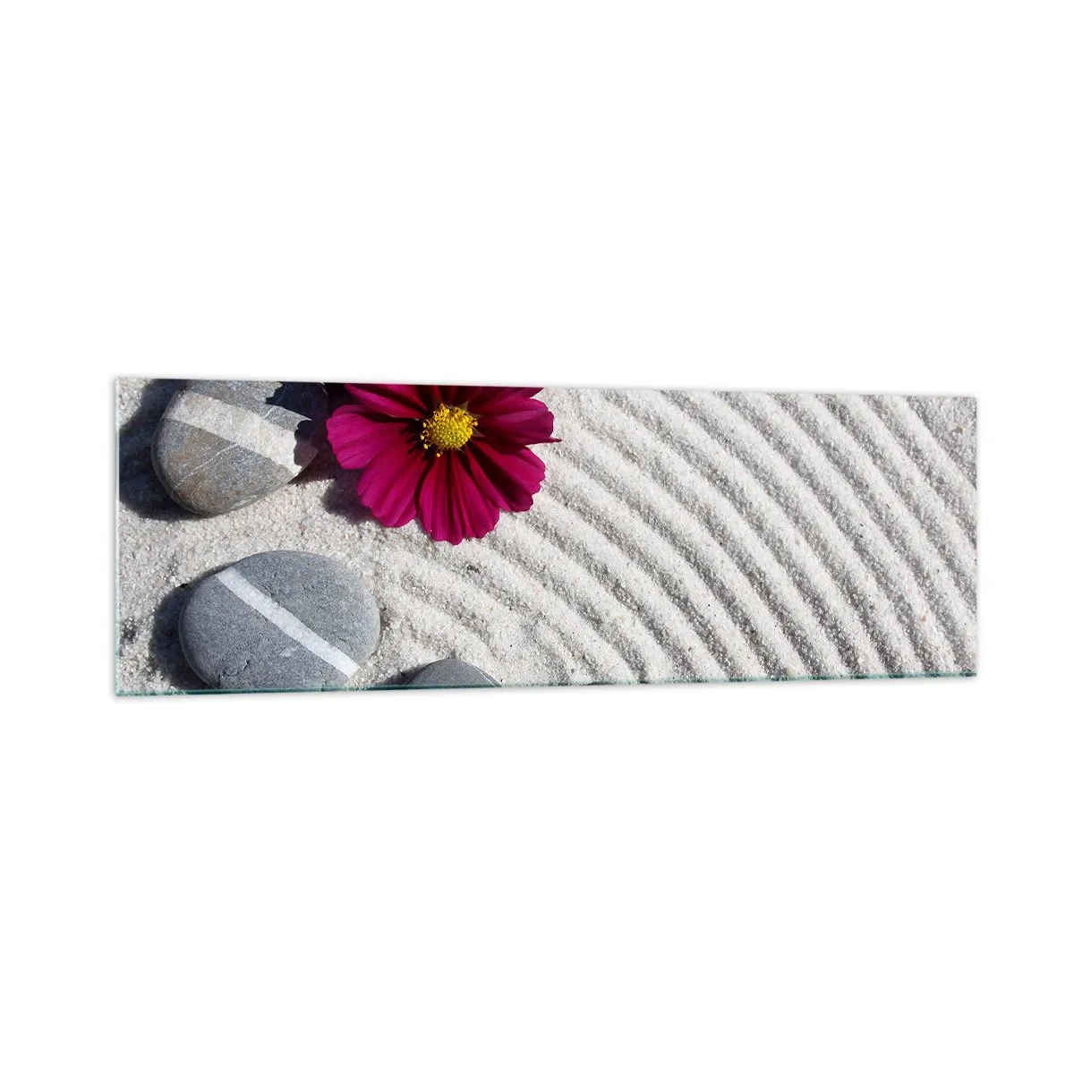 Quadro su vetro - Pietre e un fiore rosa sulla sabbia in stile zen - 160x50cm - Energia e pace nel cerchio magico della natura - Decorazione murale moderna per soggiorno e camera da letto ARTTOR