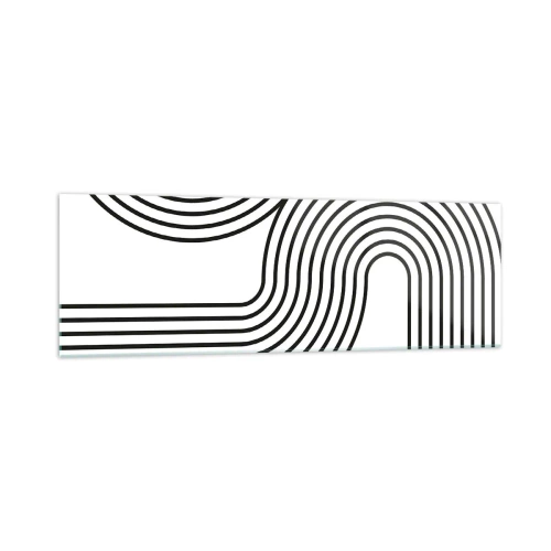 Quadro su vetro - Un dipinto astratto con linee nere che creano motivi geometrici su uno sfondo bianco. - 160x50cm - In curva - Decorazione murale moderna per soggiorno e camera da letto ARTTOR