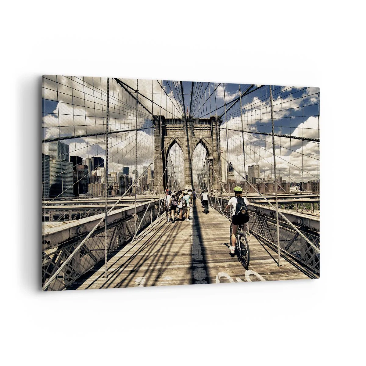 Quadro su tela - Stampe su Tela - Ponte di Brooklyn con vista su pedoni e ciclisti - 100x70cm - Dritto al cuore della città - Decorazione murale moderna per soggiorno e camera da letto ARTTOR