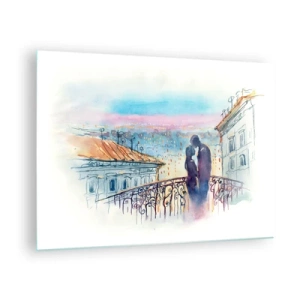 Quadro su vetro - Coppia sul balcone che si gode un romantico tramonto - 70x50cm - Amanti parigini - Decorazione murale moderna per soggiorno e camera da letto ARTTOR