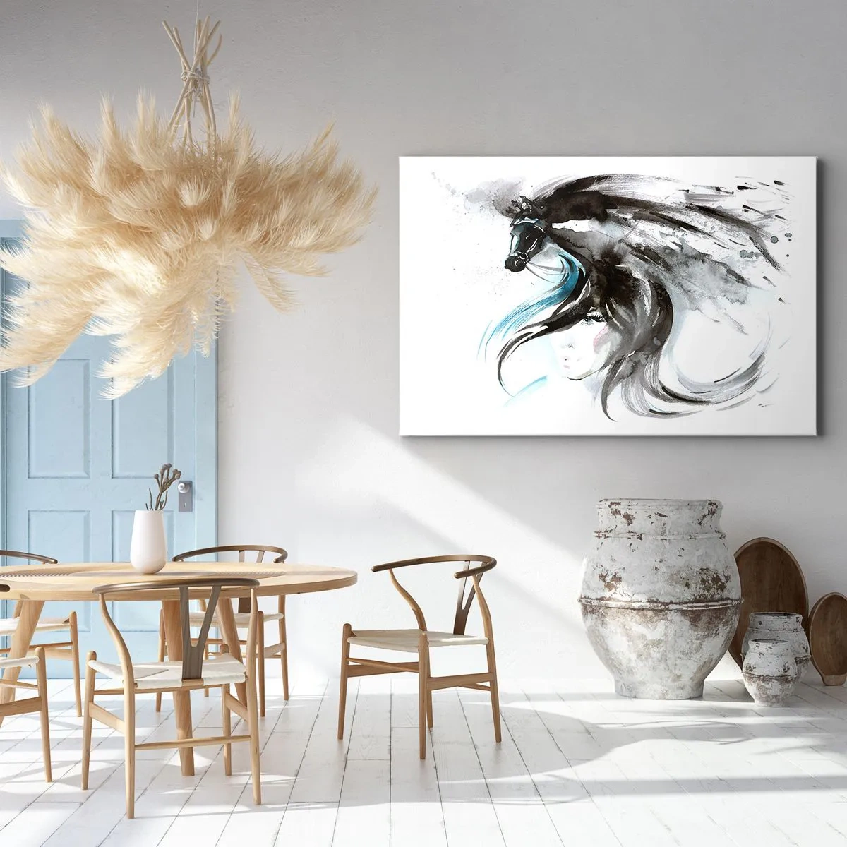 Quadro su tela - Stampe su Tela - Una donna e un cavallo in un acquerello mistico e pieno di dinamiche - 120x80cm - Il galoppo del Principe Nero - Decorazione murale moderna per soggiorno e camera da letto ARTTOR