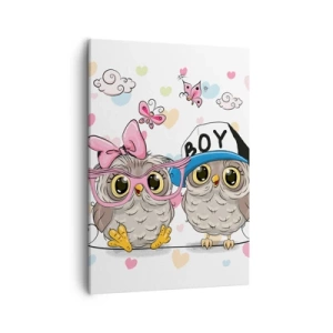 Quadro su tela - Stampe su Tela - Due adorabili gufi circondati da cuori - 50x70cm - Amiamoci! - Decorazione murale moderna per soggiorno e camera da letto ARTTOR