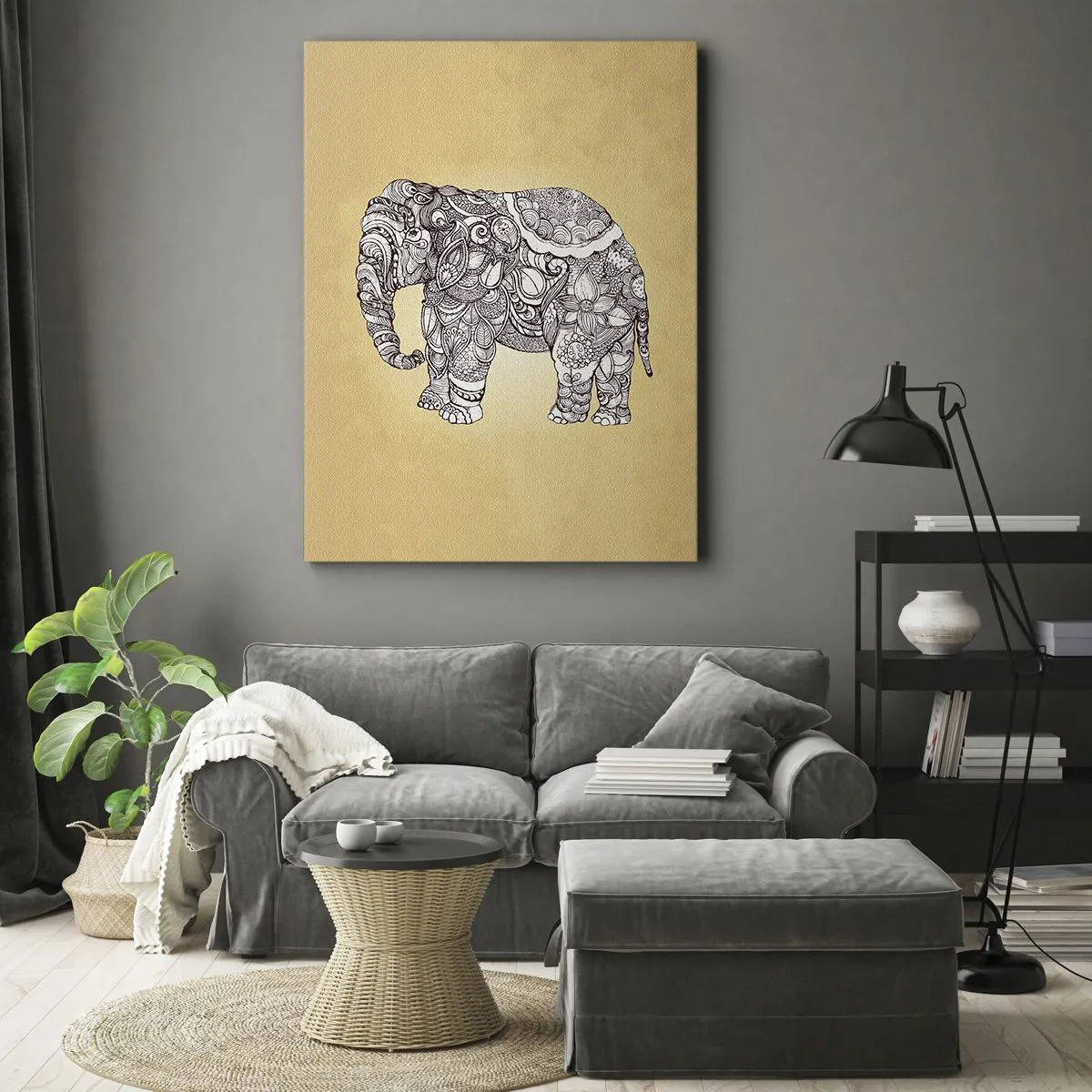 Quadro su tela - Stampe su Tela - Elefante disegnato a mano con motivo ornamentale su sfondo beige - 50x70cm - L'elefante nascosto - Decorazione murale moderna per soggiorno e camera da letto ARTTOR