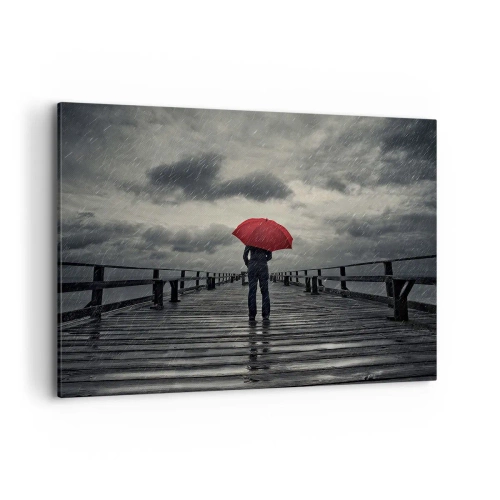 Quadro su tela - Stampe su Tela - Una persona con un ombrello rosso su un molo piovoso - 100x70cm - Non importa che piove - Decorazione murale moderna per soggiorno e camera da letto ARTTOR