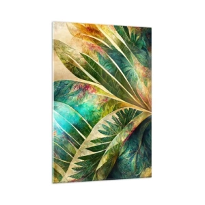 Quadro su vetro - Foglie tropicali colorate su uno sfondo chiaro - 80x120cm - I colori dei tropici - Decorazione murale moderna per soggiorno e camera da letto ARTTOR