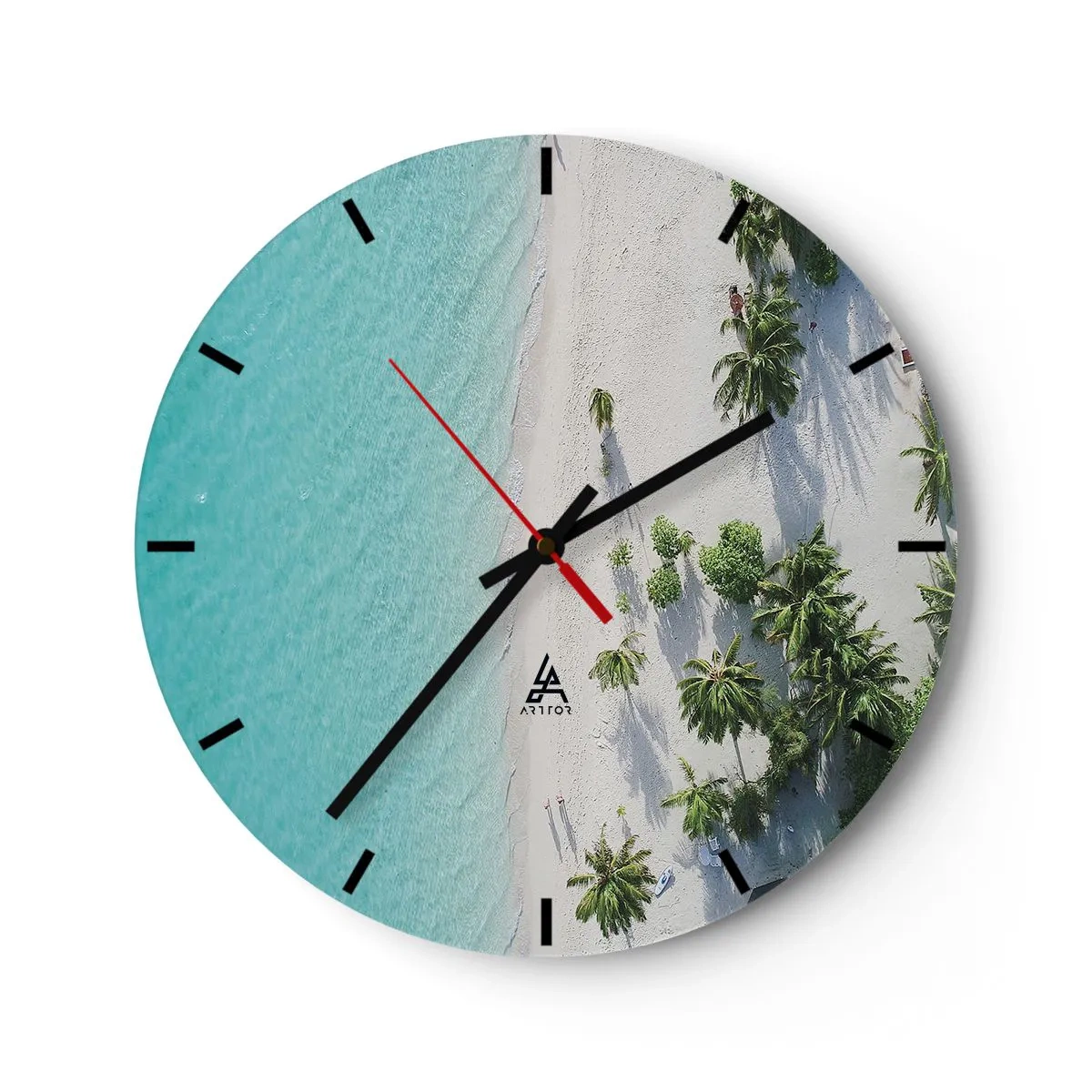 Orologio da parete - Orologio in Vetro - Vista dall'alto della spiaggia con acqua turchese e palme - 30x30cm - Vacanze in paradiso - Decorazione murale moderna per soggiorno, cucina e camera da letto ARTTOR