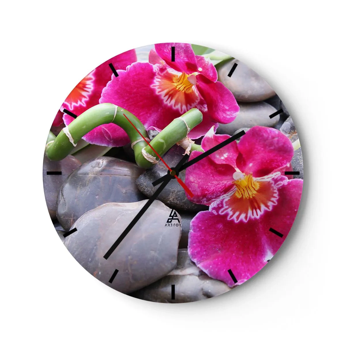 Orologio da parete - Orologio in Vetro - Orchidee rosa su pietre con bambù verde - 30x30cm - Fresco e calore - Decorazione murale moderna per soggiorno, cucina e camera da letto ARTTOR