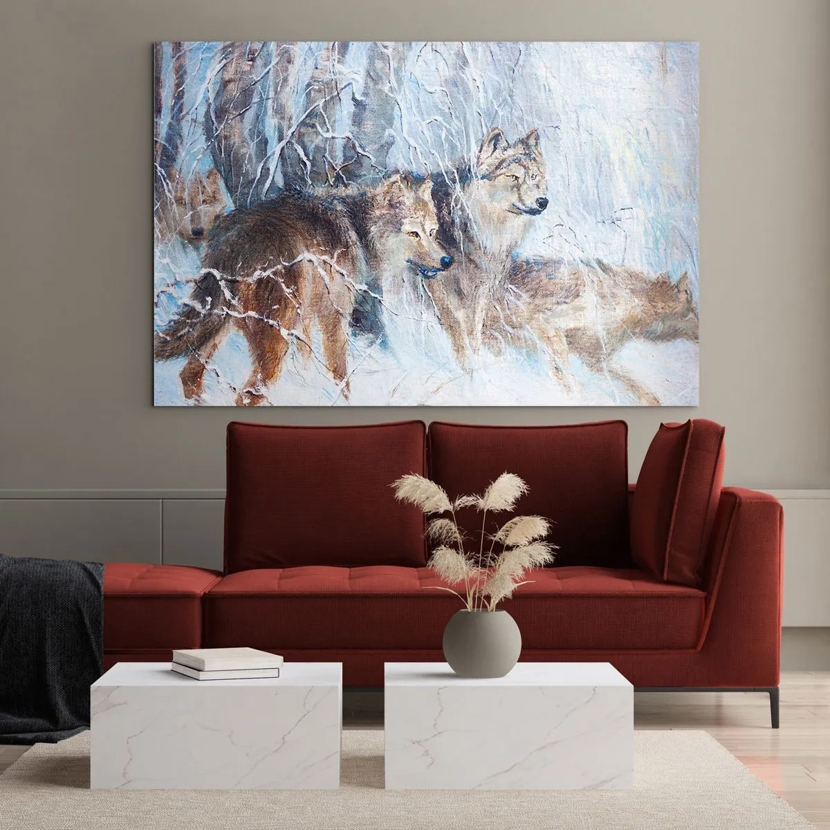 Quadro su vetro - Tre lupi in una foresta invernale circondata dalla neve - 120x80cm - Attenzione! In arrivo... - Decorazione murale moderna per soggiorno e camera da letto ARTTOR
