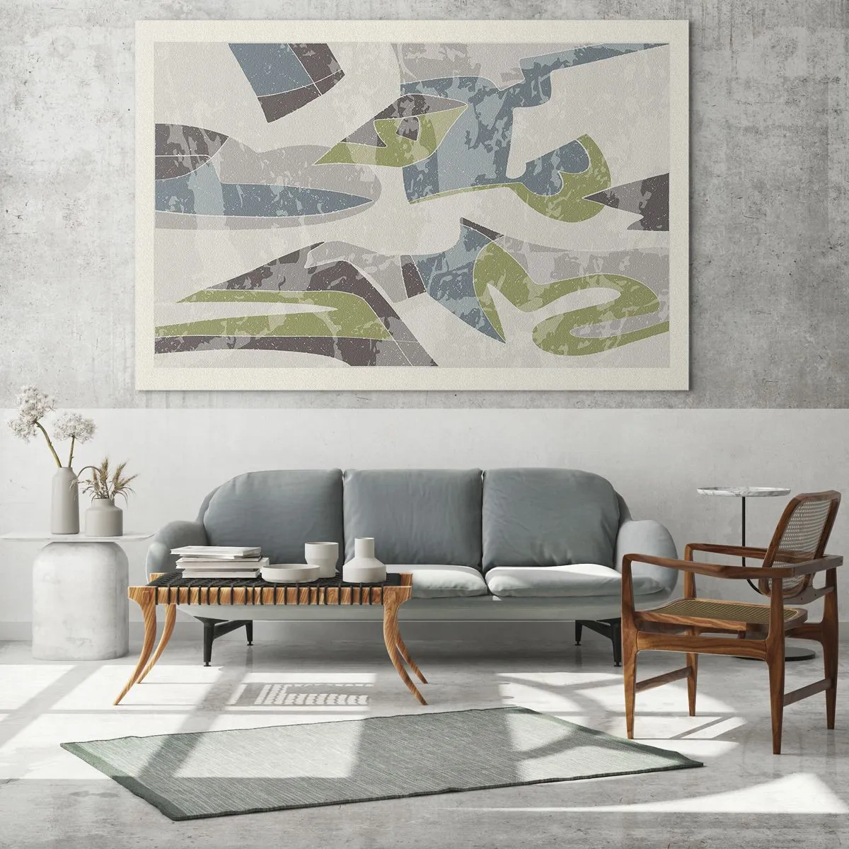 Quadro su vetro - Composizione geometrica in verde e grigio - 70x50cm - Composizione oltre il vetro - Decorazione murale moderna per soggiorno e camera da letto ARTTOR