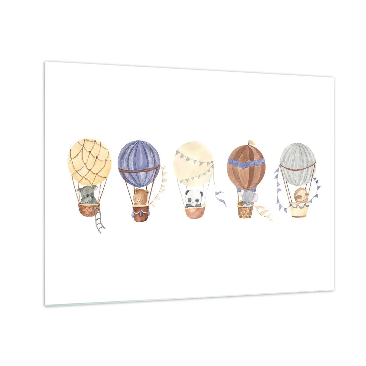 Quadro su vetro - Animali che volano in mongolfiera in stile acquerello - 70x50cm - Amici in viaggio - Decorazione murale moderna per soggiorno e camera da letto ARTTOR