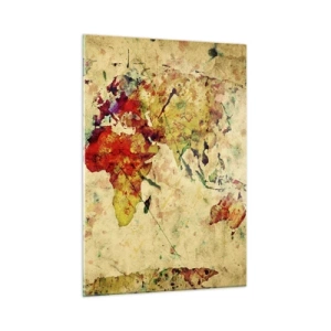 Quadro su vetro - Mappa del mondo colorata su uno sfondo vintage strutturato - 50x70cm - La vita come la carta colorata di una mappa - Decorazione murale moderna per soggiorno e camera da letto ARTTOR