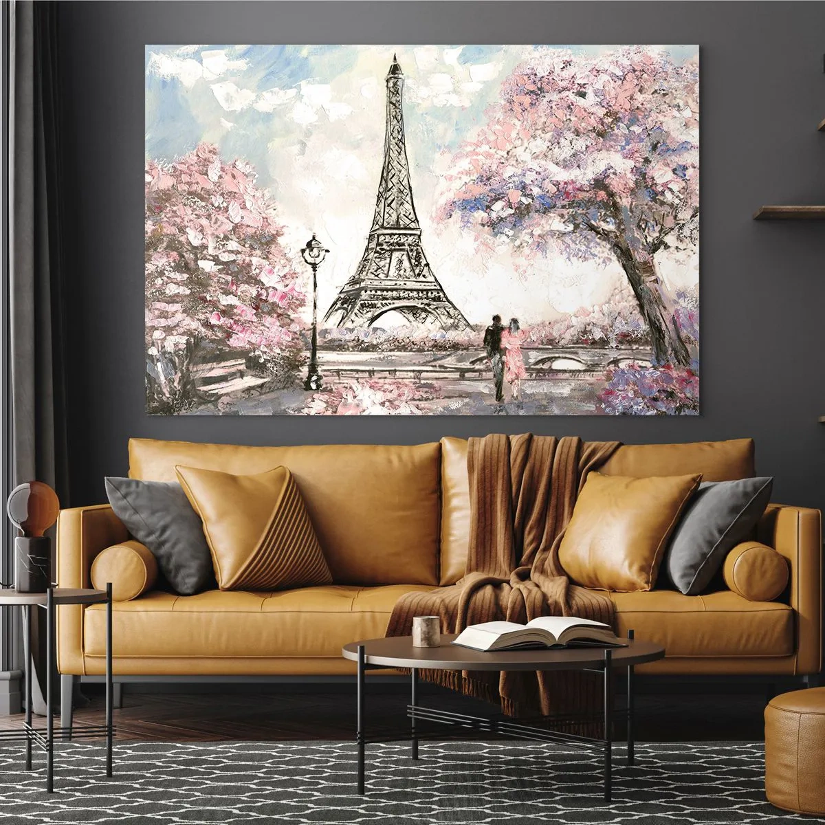 Quadro su vetro - Illustrazione della Torre Eiffel in un ambiente primaverile - 70x50cm - Passeggiata a Parigi in aprile - Decorazione murale moderna per soggiorno e camera da letto ARTTOR