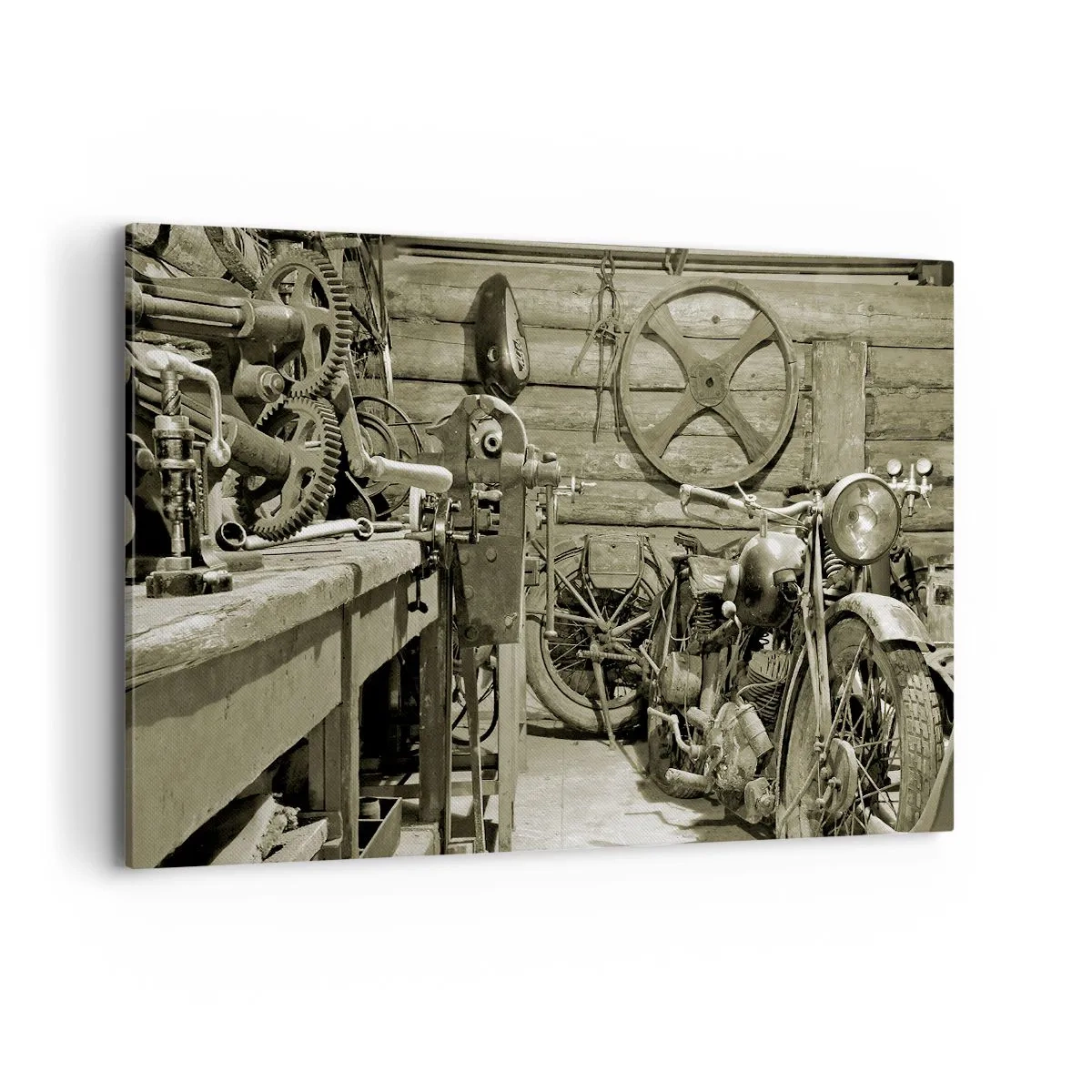 Quadro su tela - Stampe su Tela - Officina retrò con motociclette e attrezzi - 120x80cm - Nel capanno di zio Alfredo - Decorazione murale moderna per soggiorno e camera da letto ARTTOR