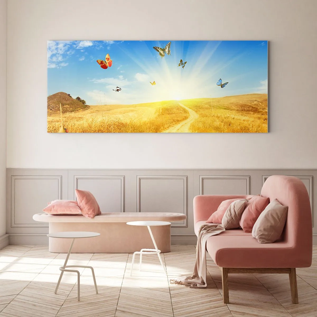 Quadro su vetro - Un campo dorato, un sentiero e farfalle contro un cielo azzurro - 120x50cm - Come non amare l'estate? - Decorazione murale moderna per soggiorno e camera da letto ARTTOR