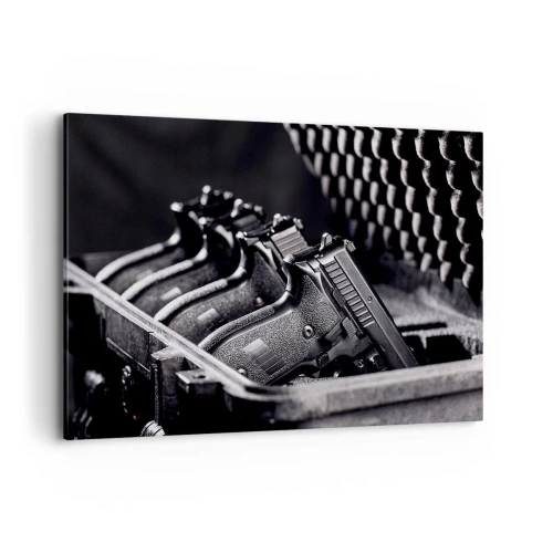 Quadro su tela - Stampe su Tela - Un'immagine in bianco e nero di una pila di armi in una valigia. - 120x80cm - Sport maschile - Decorazione murale moderna per soggiorno e camera da letto ARTTOR