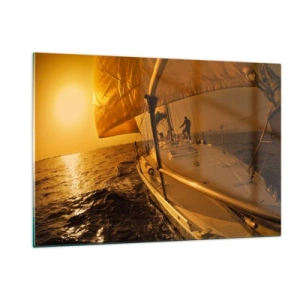 Quadro su vetro - Una barca a vela sullo sfondo del sole al tramonto - 120x80cm - Serata dorata dopo un giorno multicolore - Decorazione murale moderna per soggiorno e camera da letto ARTTOR